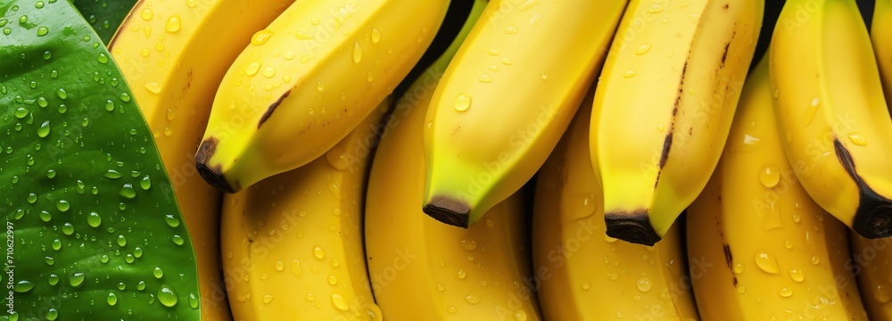 Closeup View of Fresh Yellow Bananas with Vibrant Leaves, A Tropical Delight - Ideal for Fruit Backgrounds and Natural Food Themes
