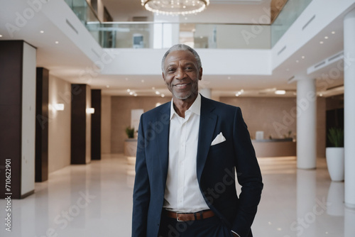 male old age black hotel receptionist or manager standing in lobby with reception. welcoming guests, offering services or checkin. tourism and travel concept.