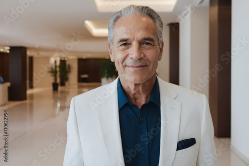 male old age latin hotel receptionist or manager standing in lobby with reception. welcoming guests, offering services or checkin. tourism and travel concept.