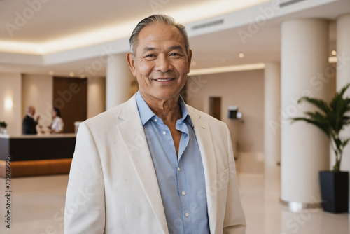 male old age pacific islander hotel receptionist or manager standing in lobby with reception. welcoming guests, offering services or checkin. tourism and travel concept.