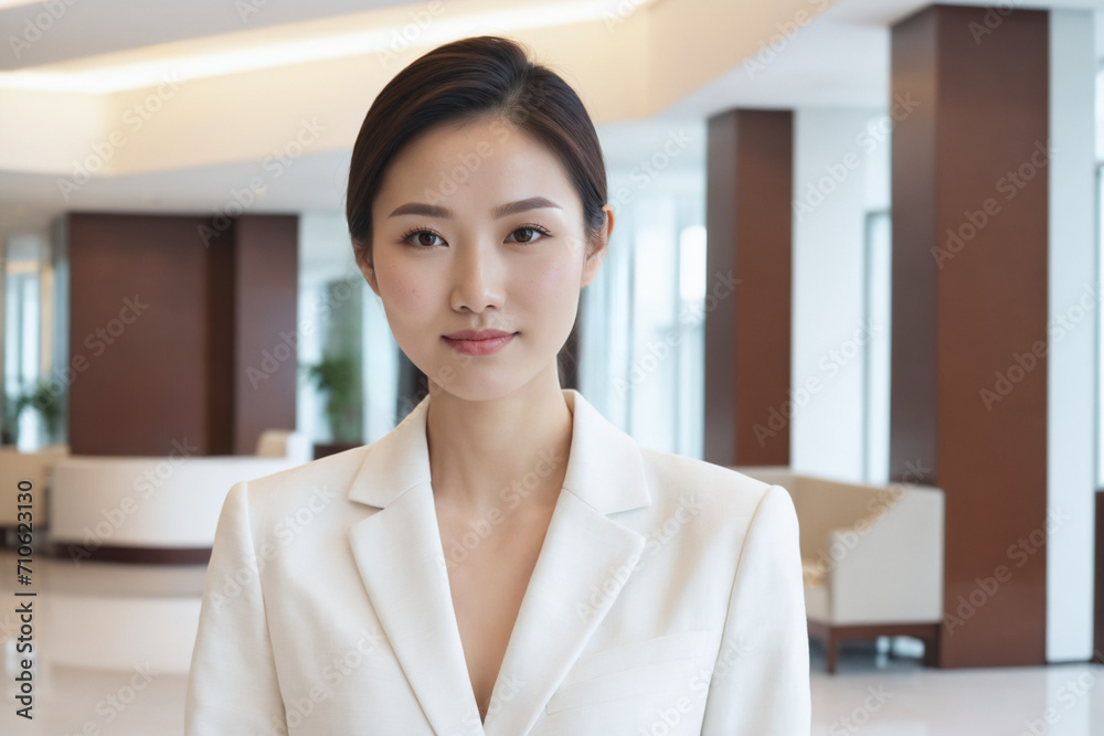 female young age east asian hotel receptionist or manager standing in lobby with reception. welcoming guests, offering services or checkin. tourism and travel concept. female young age east asian hotel receptionist or manager standing in lobby with reception. welcoming guests, offering services or checkin. tourism and travel concept.