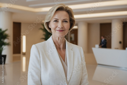 female old age caucasian hotel receptionist or manager standing in lobby with reception. welcoming guests, offering services or checkin. tourism and travel concept.