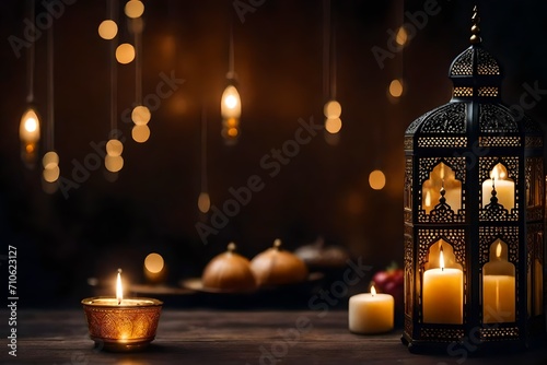 Colourful Lanterns lit to welcome Ramadan Kareem in Middle Eastern Countries generated by AI photo