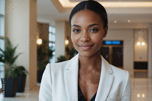 female young age black hotel receptionist or manager standing in lobby with reception. welcoming guests, offering services or checkin. tourism and travel concept.