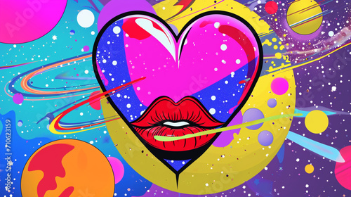 Wow pop art heart. Planets in space colorful background. fantasy pop art