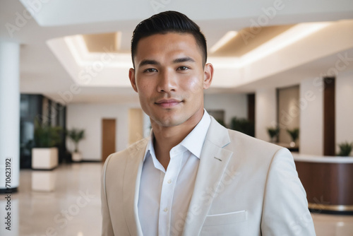 male young age pacific islander hotel receptionist or manager standing in lobby with reception. welcoming guests, offering services or checkin. tourism and travel concept.