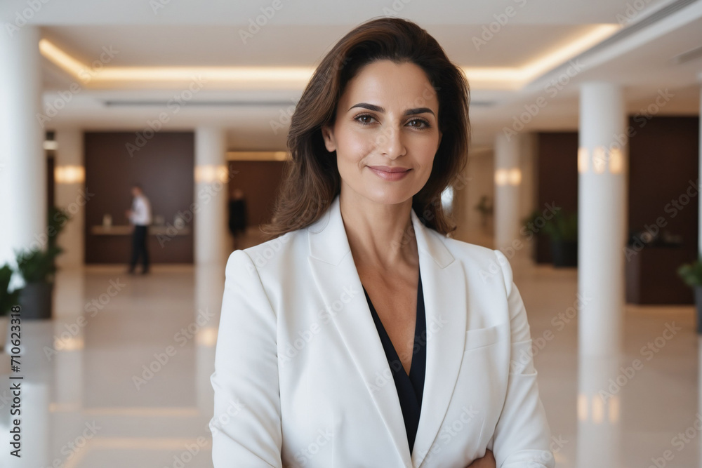 female middle age middle eastern hotel receptionist or manager standing in lobby with reception. welcoming guests, offering services or checkin. tourism and travel concept.