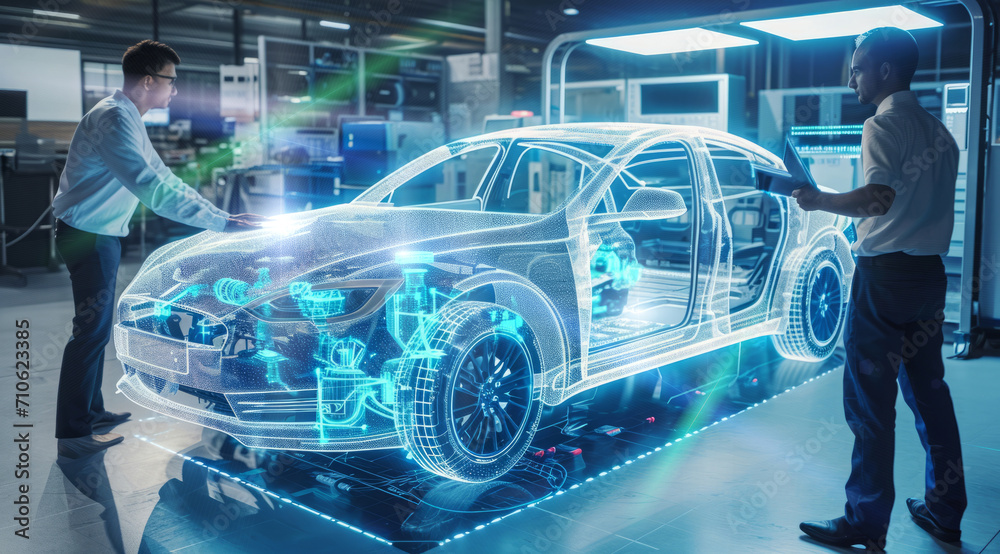Team of engineers, visualization of future vehicle prototype 3D modeling in car production factory