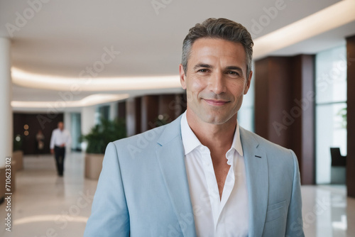 male middle age latin hotel receptionist or manager standing in lobby with reception. welcoming guests, offering services or checkin. tourism and travel concept.