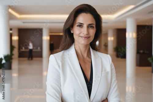 female middle age middle eastern hotel receptionist or manager standing in lobby with reception. welcoming guests, offering services or checkin. tourism and travel concept. Free Download female middle age middle eastern hotel receptionist or manager standing in lobby with reception. welcoming guests, offering services or checkin. tourism and travel concept. - GFXLoad