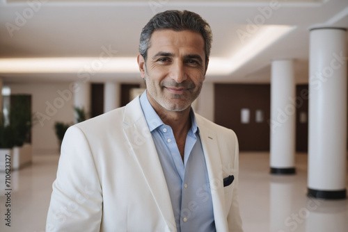 male middle age middle eastern hotel receptionist or manager standing in lobby with reception. welcoming guests, offering services or checkin. tourism and travel concept.