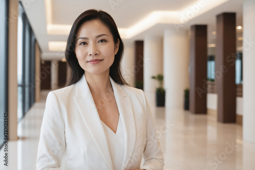 female middle age southeast asian hotel receptionist or manager standing in lobby with reception. welcoming guests, offering services or checkin. tourism and travel concept.