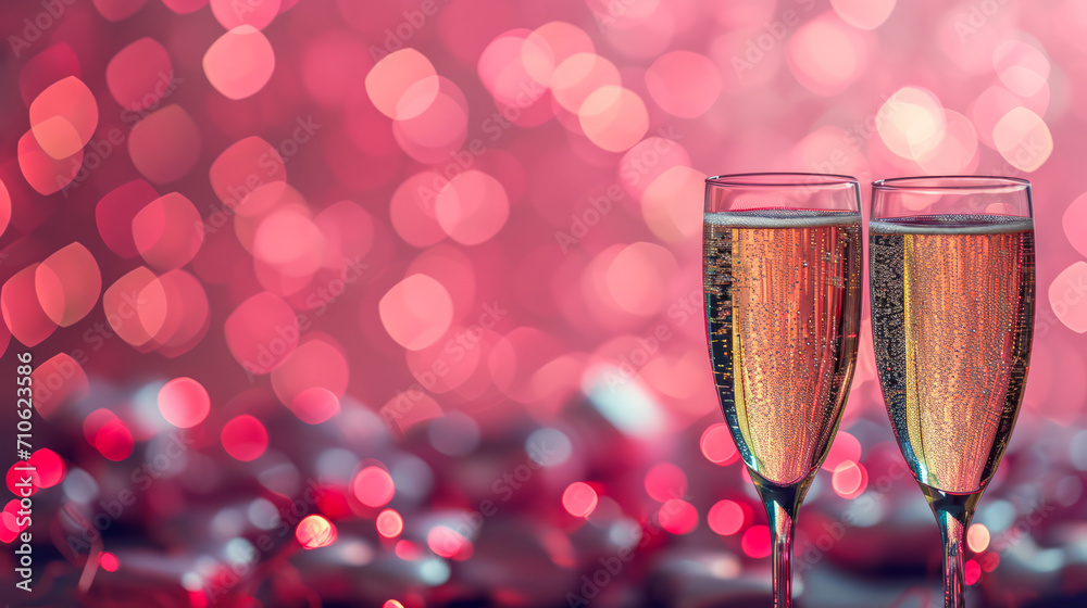 Two champagne flutes with sparkling wine over a romantic red bokeh background. Valentine's Day concept. Generative AI Two champagne flutes with sparkling wine over a romantic red bokeh background. Valentine's Day concept. Generative AI