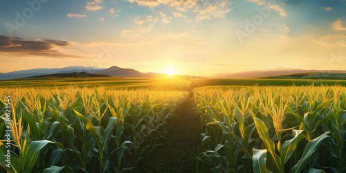 Photo on stretching corn field of meadows, trees, mountains, sunset or sunrise. Corn as a dish of thanksgiving for the harvest. © Hawk