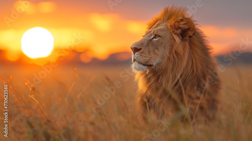 lion in profile in Africa on safari. king of the beasts at sunset