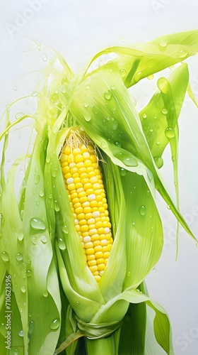 Yellow cob, corn surrounded by green leaves and drops of water. Corn as a dish of thanksgiving for the harvest, a picture on a white isolated background.