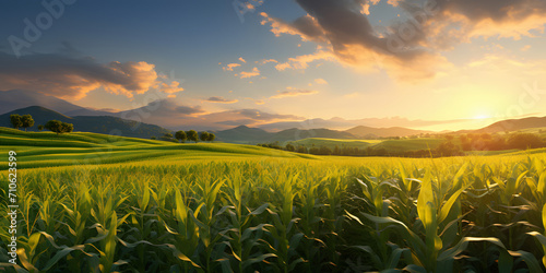 Photo on stretching corn field of meadows, trees, mountains, sunset or sunrise. Corn as a dish of thanksgiving for the harvest. photo