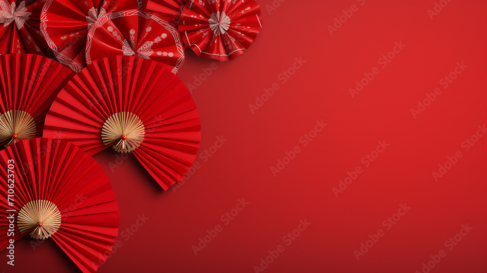 Vibrant Chinese New Year Banner with Red Paper Fans and Rabbit Decorations on Isolated Background – Traditional Lunar Celebration Design