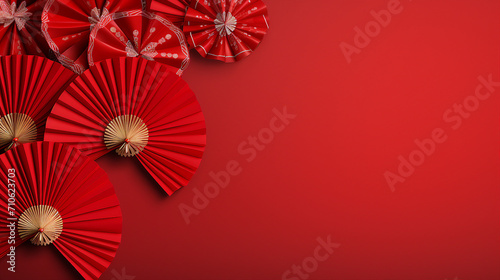 Vibrant Chinese New Year Banner with Red Paper Fans and Rabbit Decorations on Isolated Background     Traditional Lunar Celebration Design