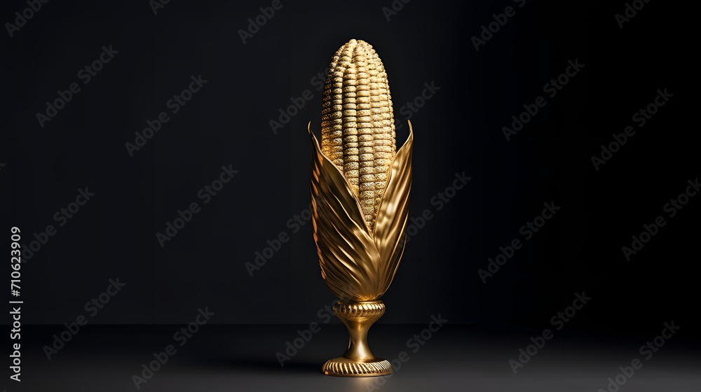 Gold figure of corn on black isolated background. Corn as a dish of ...