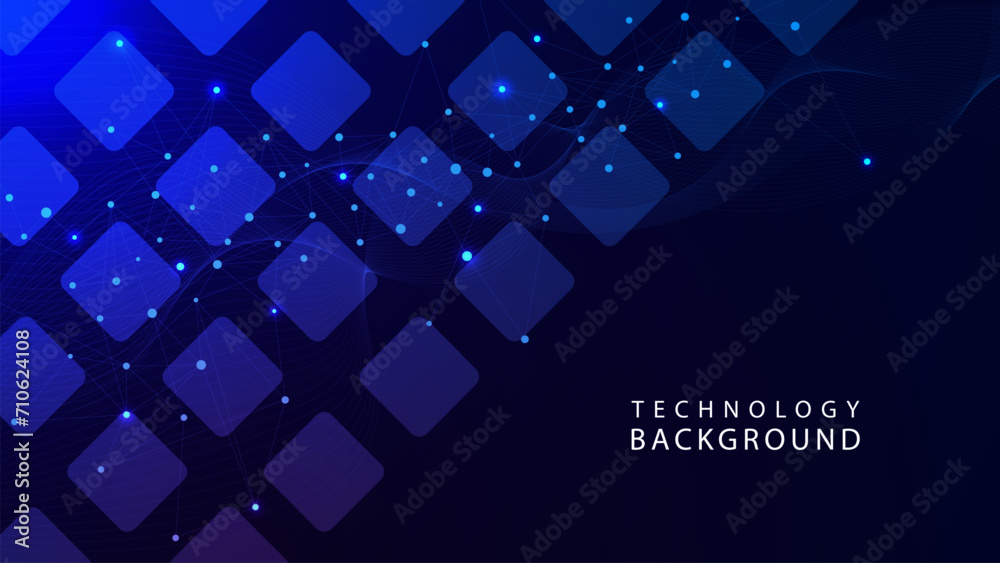 Blue connecting dots and lines with rectangular pattern and wave flow. Global network connection and communication technology concept background. - obrazy, fototapety, plakaty 
