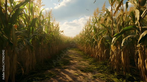 A path in the middle of a corn field during the day. Corn as a dish of thanksgiving for the harvest.