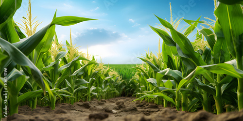 Path in the middle  fields  corn  sky on top.  banner with space for your own content. Blurred background.