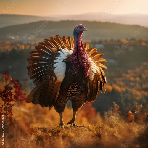 Colorful big 3D turkey in a clearing in the background view of valleys and Forest. Turkey as the main dish of thanksgiving for the harvest.