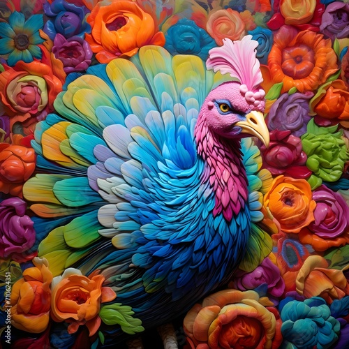 Colorful turkey or 3D all around colorful flowers. Turkey as the main dish of thanksgiving for the harvest.