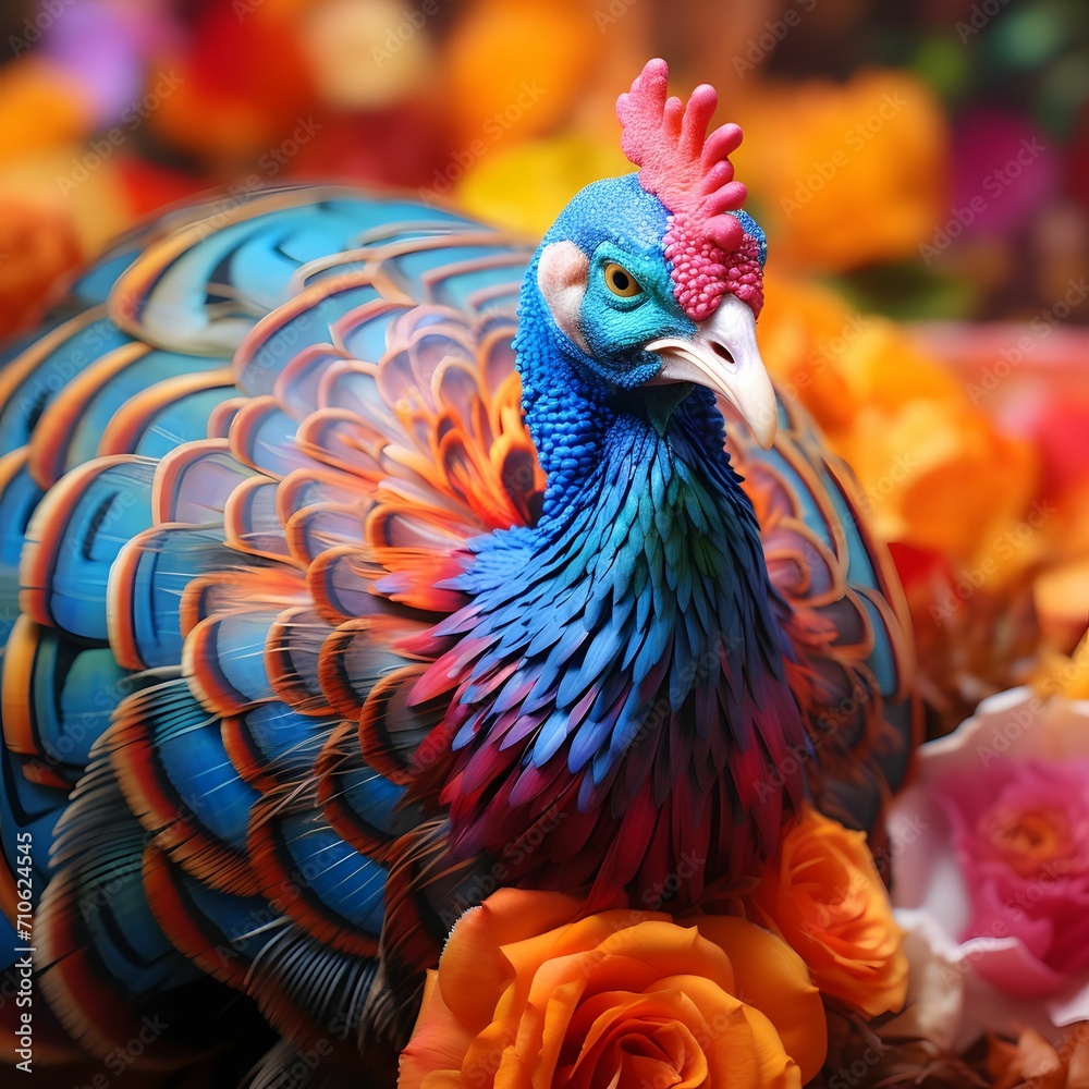 Colorful turkey sits on flowers, smudged background. Turkey as the main dish of thanksgiving for the harvest.
