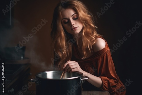 portrait of an attractive woman stirring a pot