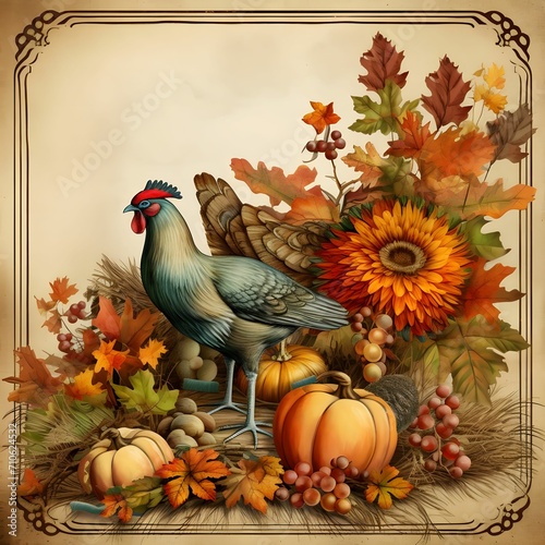 Old engraving with turkey around flowers, leaves pumpkins grapes. Turkey as the main dish of thanksgiving for the harvest. © Hawk