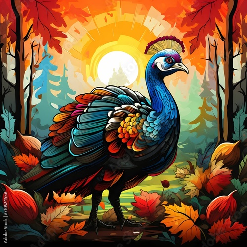 Colorful turkey at sunrise in the forest leaves, illustration. Turkey as the main dish of thanksgiving for the harvest.