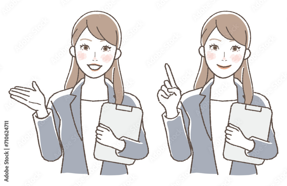 Set of Smiling Business Woman Explaining Illustrations, Upper Body Set of Smiling Business Woman Explaining Illustrations, Upper Body