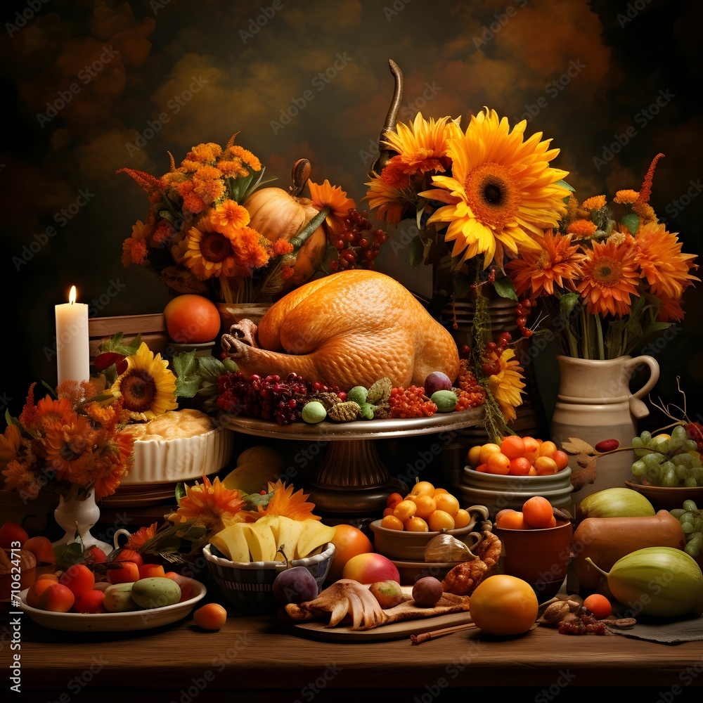 Table full of food roast turkey, vegetables, fruits, sunflowers, candles, flowers, leaves. Turkey as the main dish of thanksgiving for the harvest.