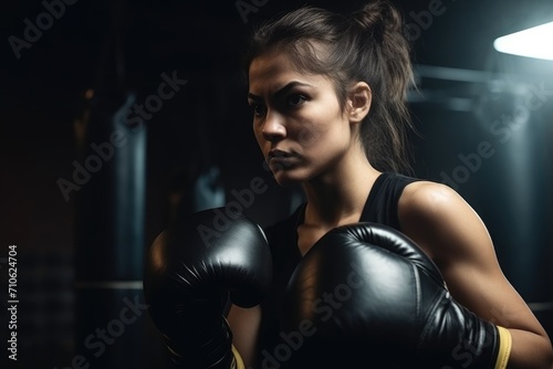 woman, boxing and gloves ready to fight from fitness training or exercise routine at a gym