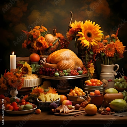 Table full of food roast turkey  vegetables  fruits  sunflowers  candles  flowers  leaves. Turkey as the main dish of thanksgiving for the harvest.