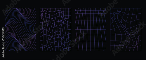 Collection of futuristic cyberpunk style elements. Geometric wireframe of square, distortion, grid with purple, blue color. Retro graphic on black background for decoration, business, cover, poster.