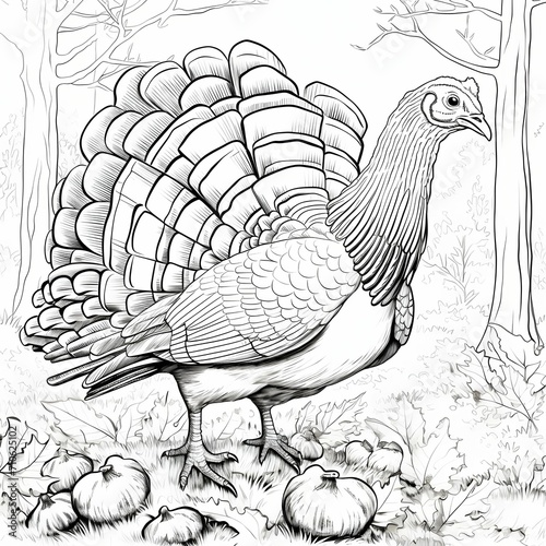 Black and white coloring book and turkey with garlic and leaves all around. Turkey as the main dish of thanksgiving for the harvest.