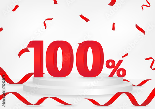 100% or 100 Percent Off Sale Discount on Stage Podium with Ribbon and Confetti. 100% Sale Discount or Commission. Vector Illustration.