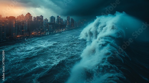 a huge storm surge with a deadly tidal wave is racing towards a large city photo