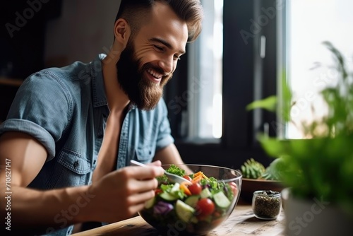 cropped shot of a handsome young man enjoying a healthy salad at home