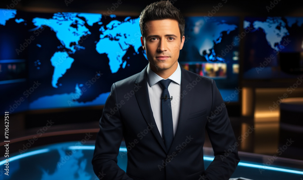 Confident male news anchor reporting live from the broadcasting studio with a world map background, representing global news coverage Confident male news anchor reporting live from the broadcasting studio with a world map background, representing global news coverage