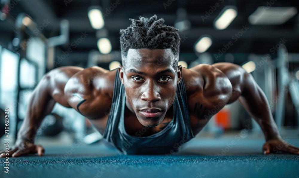 Focused African American man performing a push-up, demonstrating strength and endurance in a modern gym setting, with an intense and determined expression Focused African American man performing a push-up, demonstrating strength and endurance in a modern gym setting, with an intense and determined expression