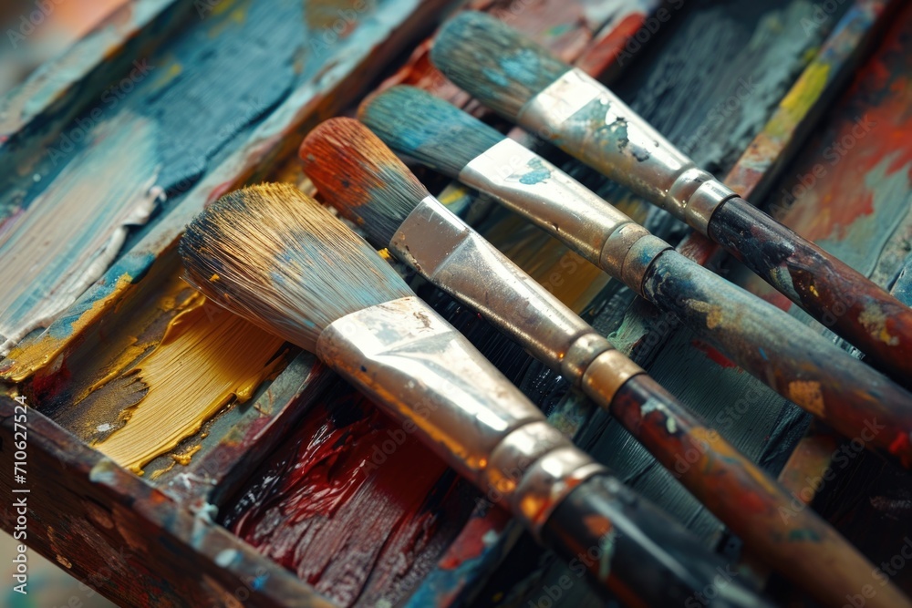 Fototapeta premium Paint brushes neatly arranged in a wooden box. Ideal for art and craft projects