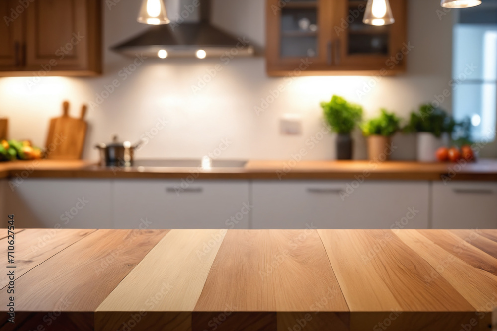 Frontal view of a wood table top on blur kitchen counter background - Product presentation Frontal view of a wood table top on blur kitchen counter background - Product presentation