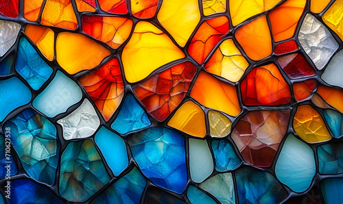 Colorful abstract stained glass pattern with a vibrant mosaic of interconnected shapes in varying shades of blue, orange, and yellow photo