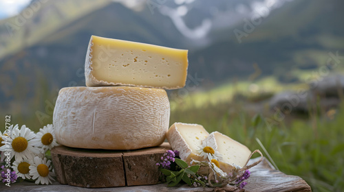 Cheese collection, wooden board with French cheeses comte, beaufort, abondance, emmental, morbier and french mountains on background photo