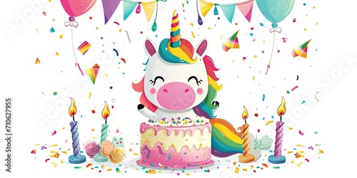 Cute unicorn cake for a birthday party for a child, balloons, festive mood, wallpaper, background, card. © Людмила