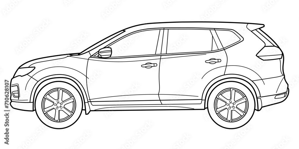 Classic luxury suv car. Crossover car front view shot. Outline doodle vector illustration. Design for print, coloring book	